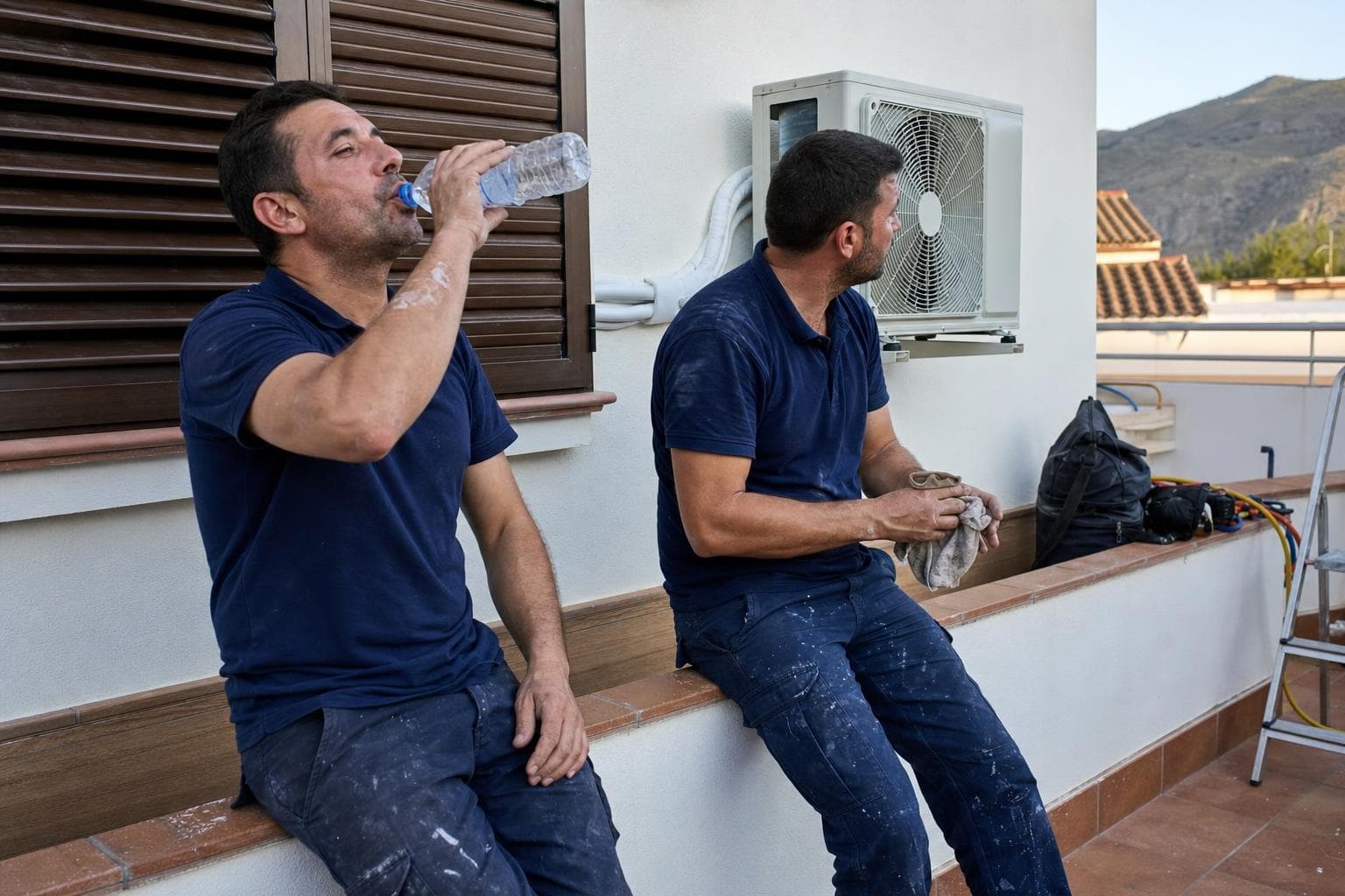 Dos instaladores de climatización, uniformados, al final de una instalación de aire acondicionado